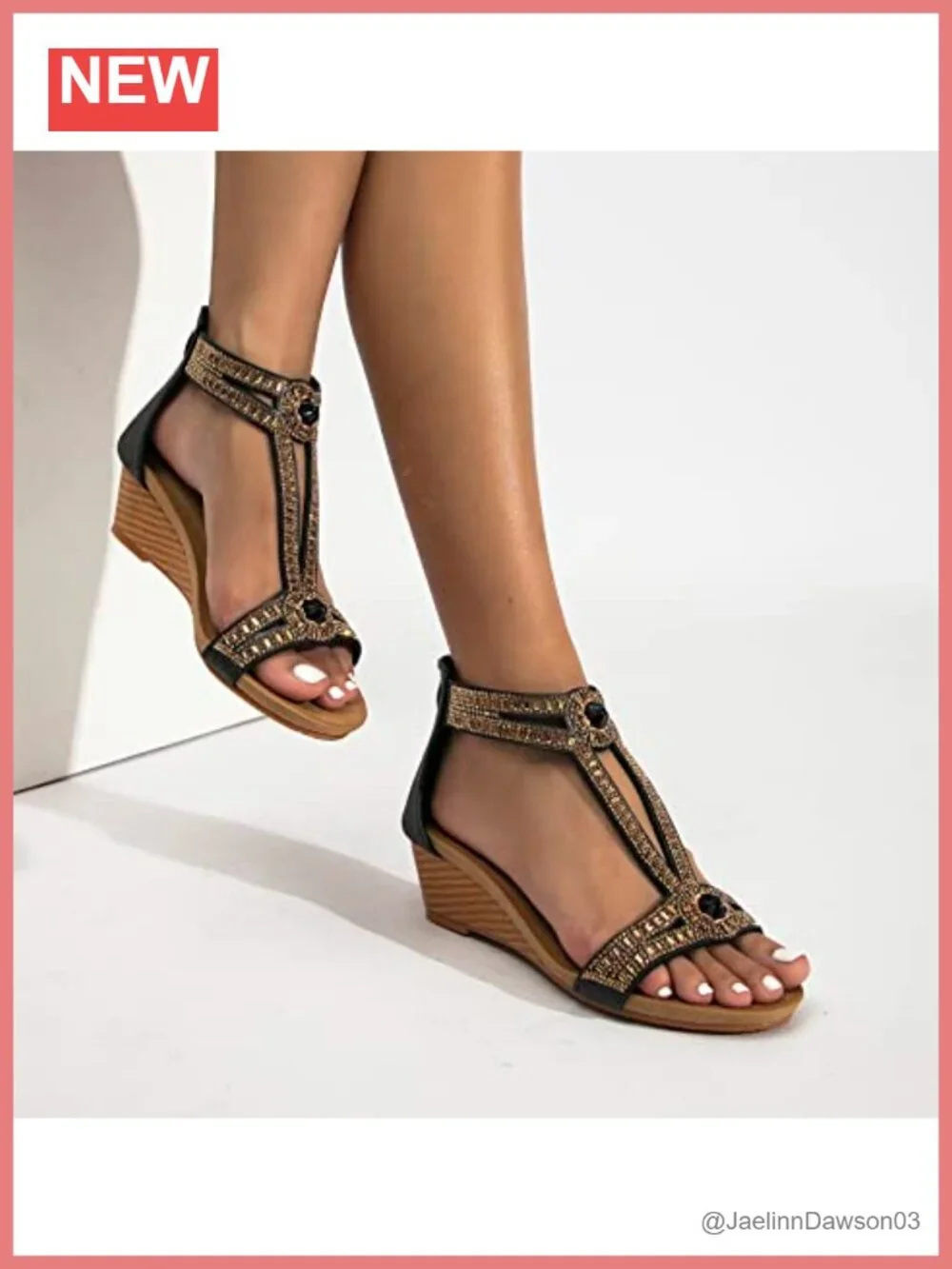 Women's Rhinestone Open Toe Wedge Sandals with Ankle Strap, Cushioned Faux